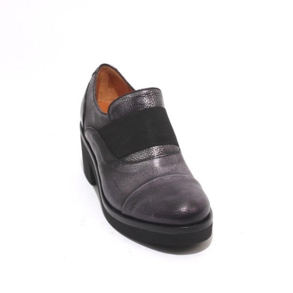 ITALIAN Metal Black Leather Elastic Heels Shoes